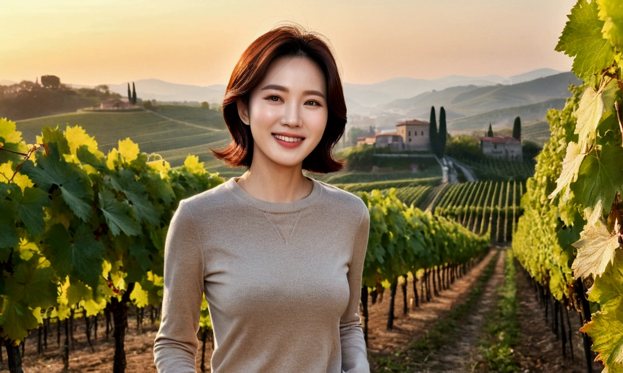 Wearing a luxury brand long-sleeved knit, 40 year old Korean woman with short medium hair, smiling face, short and petite, very beautiful.!, Get inspired by Son Ye-jin, 8K vertical rendering, photo realistic beautiful face, big eyes,double eyelid, black eye, Wear a dark round neck t-shirt. beige jean pants. Warm light in vineyards at dawn in rural Italy, The morning sun shines beautifully. Standing on a curved path. (digital painting, HDR, high contrast),, (best quality:1.4, 8k 3D, 45,000,000,000,pixel,),(masterpiece:1.3),(sharp focus:1.2),(Full body shot with Canon camera 16-35 wide angle lens, 포도 밭이 내려다 보이는 언덕 위 Standing on a curved path, 32 inches, A woman of  and short stature, A cathedral can be seen in the distance through thick fog., Vineyards with vivid image quality, three dimensional grape leaves, Grape leaves look vivid and clear., Smiley