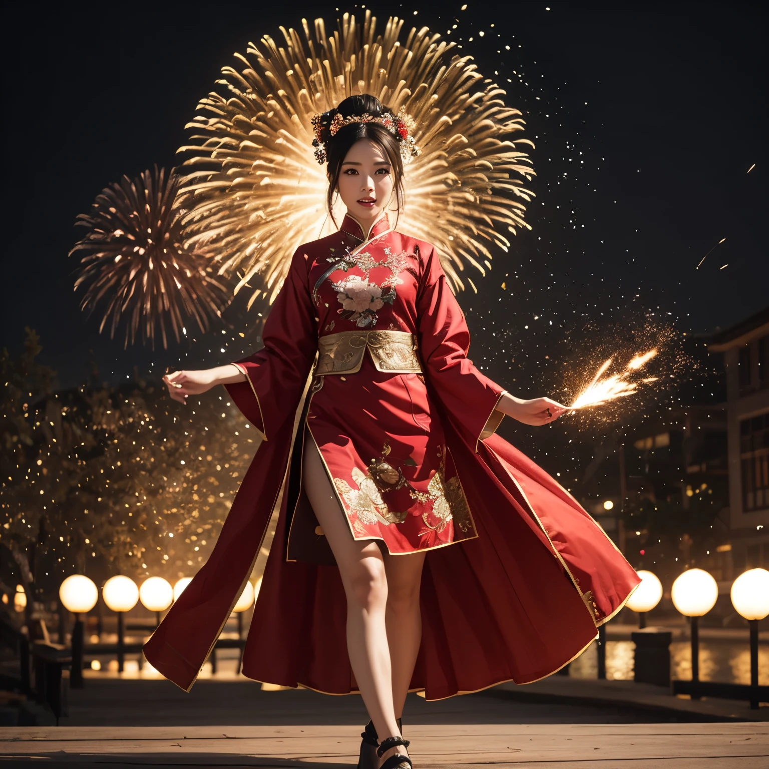 (High-level (UltraDetailed ProfessionalPhoto)), 8K Masterpiece TopQuality, Absurd Detailed Lighting, PerfectLighting, Extremely detailed (BeautyGoddess Standing in a Vertical Dropping Ray), aesthetic LifeLike Rendering, BokeH (oodles Firecrackers Spark and Haze), Unreal flamboyance, see-through upskirt Assfocus RoundlyButts, (Tindall Effect Scattering), { fujian tulou | Traditional Hakka Clothes | perfect ratio | hime cut | luxury | jewelry | ornate | hairpin | Menstruation | (Exposed SFW) },(Elaborate embroidery with Transparency) BREAK (FullBody:1.28). (((Extremely detailed Beautiful Face and Eyes))) Radiant PearlSkin with Transparency, (Dynamic LifeLike expressions:1.4)