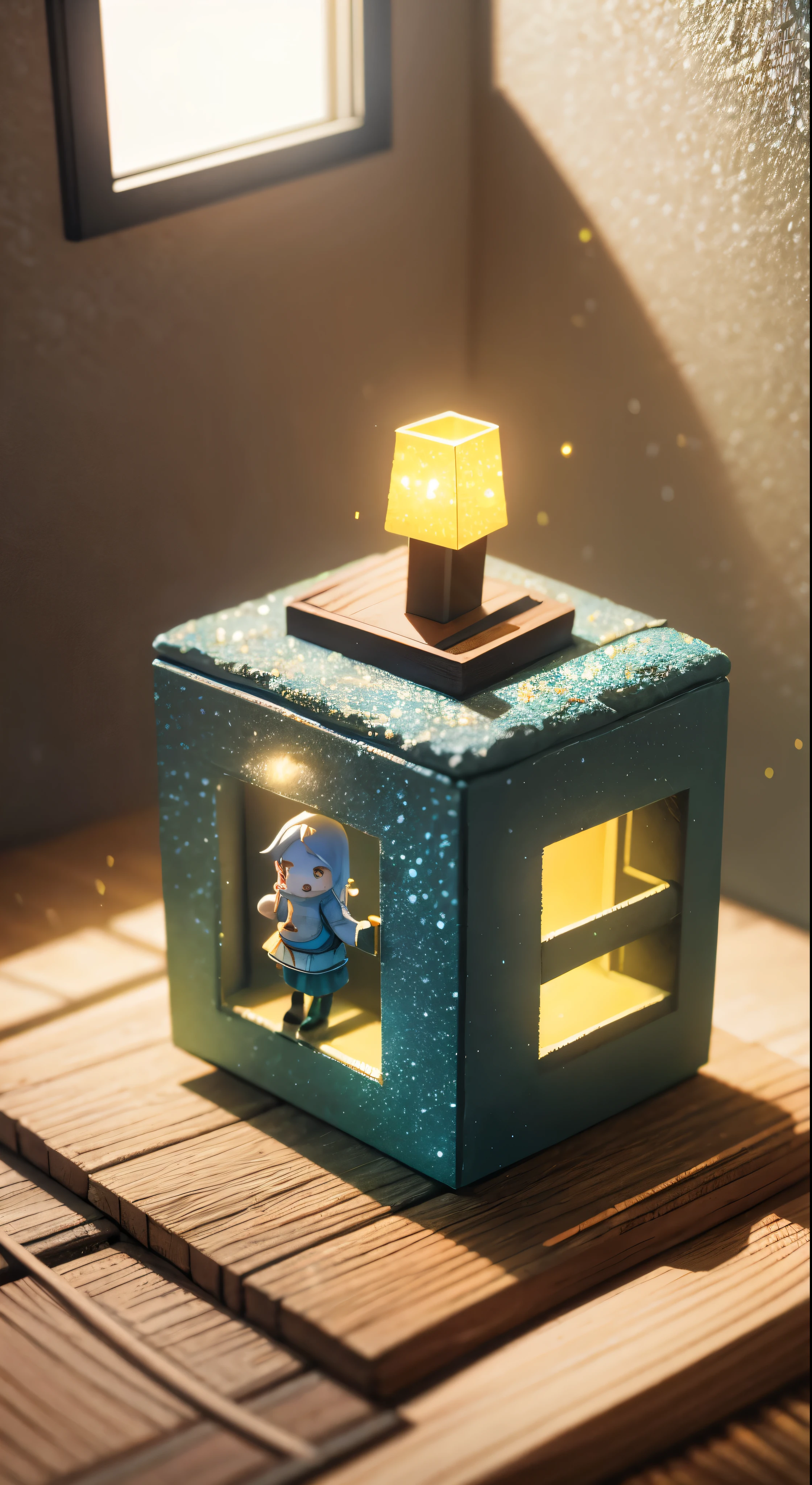 （Pixar style),A model of a cozy small room, miniature figure model, light source from right to left, Rumbrandt lighting, light source from right to left, (isometric view), (top-down), realistic scale, post-processing, ((orthogonal perspective)), super detail, realistic, super realistic, realistic render, rainbow color, glitter