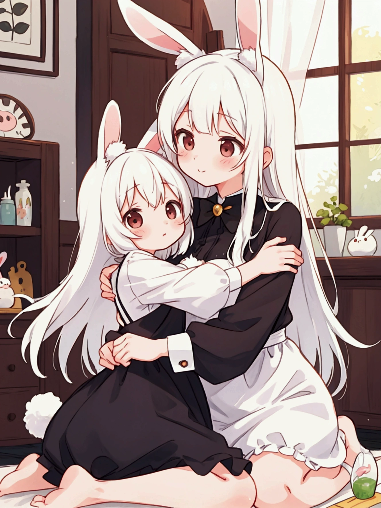 kemono, rabbit ears, a mother hugging her daughter, rabit women, cute look, dress, white hair, domestic environment