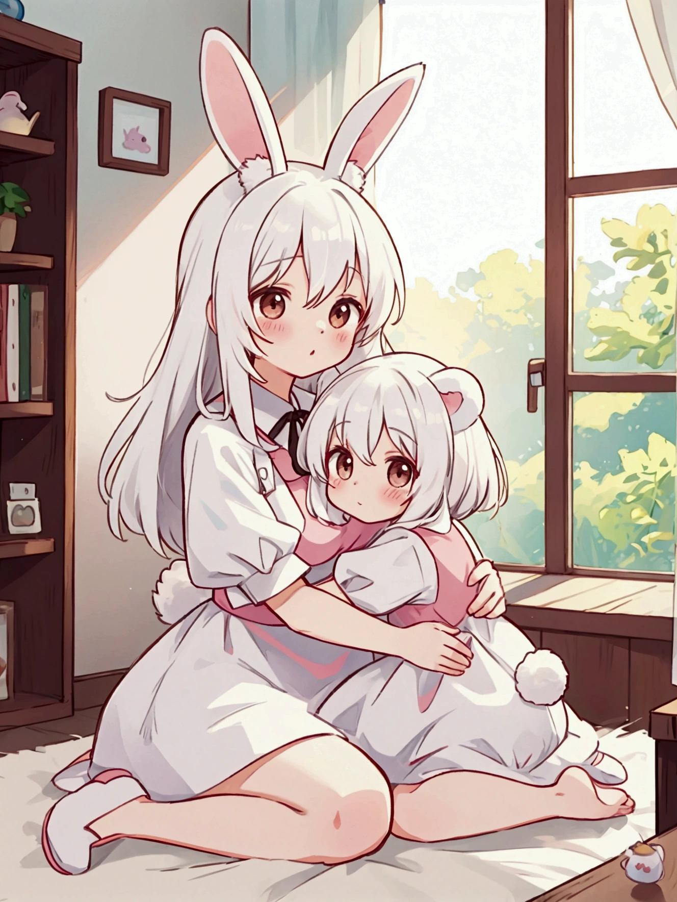 kemono, rabbit ears, a mother hugging her daughter, rabit women, cute look, dress, white hair, domestic environment