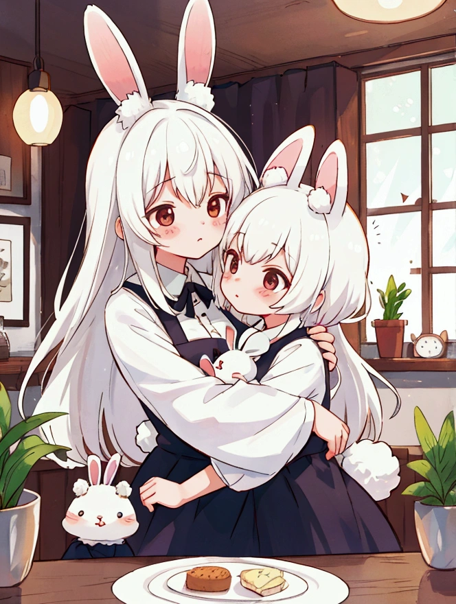 kemono, rabbit ears, a mother hugging her daughter, rabit women, cute look, dress, white hair, domestic environment