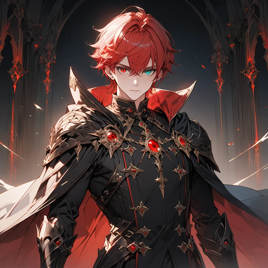 male face, red hair, (heterochromia, green and red eyes,) extremely detailed eyes, perfect eyes, extremely detailed face, black overcoat, cape, RPG style, broad shoulders, upright posture, facing the image, no light in the image, (blue character background,) ((character with full rendering focus and details) 8k, ultra-high quality, extremely detailed, perfectly detailed.