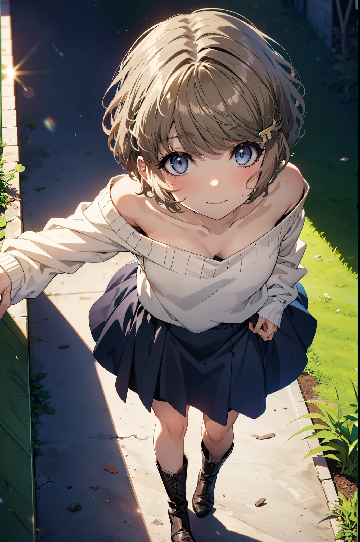 tomoekoga, Chie Koga, short hair, Brown Hair, blue eyes, Hair Clip,smile,One-shoulder sweater,Long skirt,short boots,Black-rimmed glasses,Walking,morning,morning陽,The sun is rising,whole bodyがイラストに入るように,
break outdoors, Building district,
break looking at viewer, whole body,
break (masterpiece:1.2), Highest quality, High resolution, unity 8k wallpaper, (figure:0.8), (Beautiful attention to detail:1.6), Highly detailed face, Perfect lighting, Highly detailed CG, (Perfect hands, Perfect Anatomy),