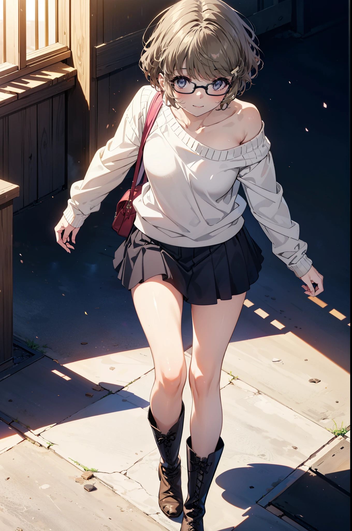 tomoekoga, Chie Koga, short hair, Brown Hair, blue eyes, Hair Clip,smile,One-shoulder sweater,Long skirt,short boots,Black-rimmed glasses,Walking,morning,morning陽,The sun is rising,whole bodyがイラストに入るように,
break outdoors, Building district,
break looking at viewer, whole body,
break (masterpiece:1.2), Highest quality, High resolution, unity 8k wallpaper, (figure:0.8), (Beautiful attention to detail:1.6), Highly detailed face, Perfect lighting, Highly detailed CG, (Perfect hands, Perfect Anatomy),