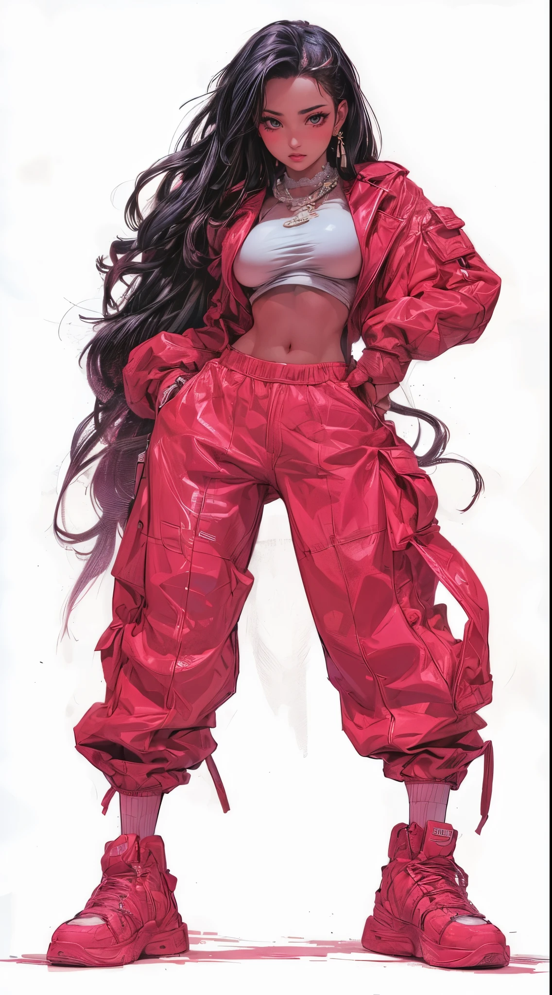 beautiful woman, (big breasts:1.3), fighting character design with hiphop influence, anime illustration, photorealistic, fantasy, comic, manga, perfect body proportions with generous curves