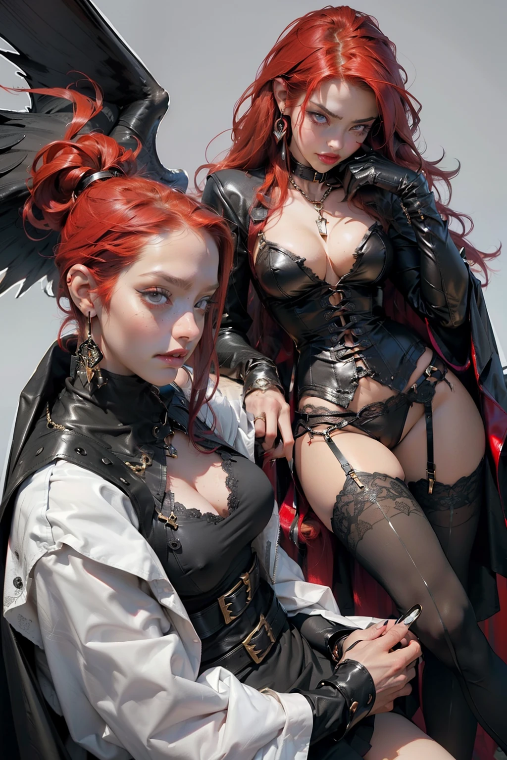 Dynamic Snapshot, ((3 women, red hair, black hair)), A picture of 2 beautiful succubus dominating 1 sexual an angel girl on a leash, ((2 demon females and a angel girl)), female dominance, unprotected, a angel, demons, beautiful succubi, horror, dark, sexual, rough dominance, dominance, a angel girl on a leash, bdsm, Gold Chains,(massive accentuated super huge enormously gigantic breasts), collar, Beautiful bodies, slim, horror style, Very Detailed Faces, Stockings, (leather corset, mini thong, silk lingerie, Stockings), leather leather thigh high boots, Sharp camera angle , Close-up, Gothic horror background 
