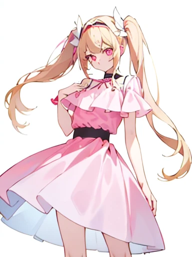  A girl has long hair, pale pink and almost pale blonde., that falls gently on her shoulders tied in two pigtails. Her delicate face , with pink eyes. She wears a pink dress with white details., that highlights her slender figure. His posture is elegant.. His skin is clear, and her outfit includes accessories such as a headband and a white belt., completing a sweet and feminine look