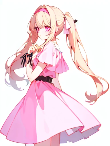  A girl has long hair, pale pink and almost pale blonde., that falls gently on her shoulders tied in two pigtails. Her delicate face , with pink eyes. She wears a pink dress with white details., that highlights her slender figure. His posture is elegant.. His skin is clear, and her outfit includes accessories such as a headband and a white belt., completing a sweet and feminine look