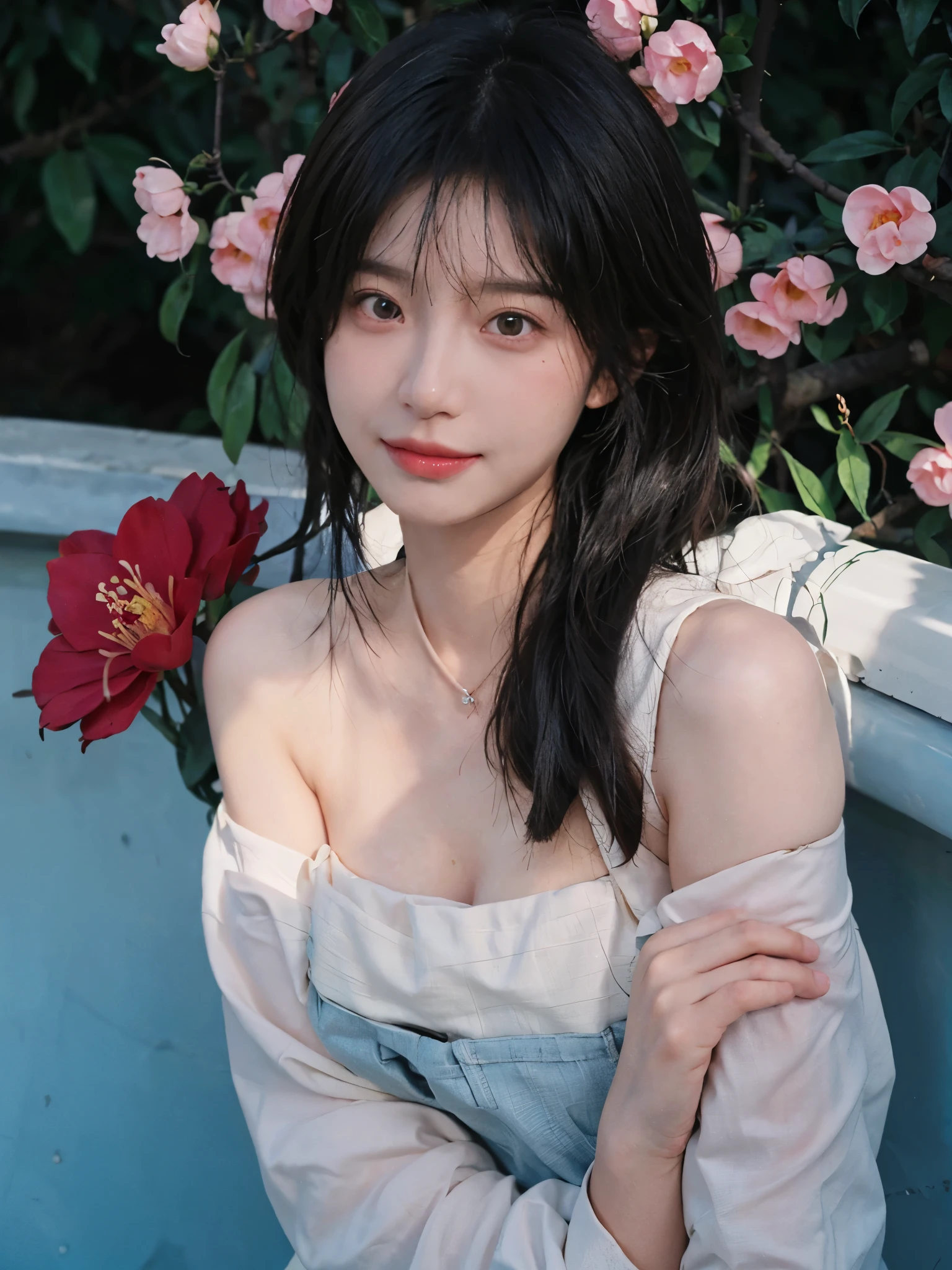 best qualtiy, Ultra-high resolution, (realisticlying:1.4),cute hairpin,Baoyu Girl,European style apartment,(flatchest:1.2) ,A pair of clear and moving peach blossom eyes,Royal Sister,sunshine on face,Big waves,(ln the forest:1.4),(choker necklace:1.2),(Fair skin:1.4),a sense of atmosphere,a beauty girl, ssmile,head straight-looking at viewer, closeup cleavage ,(Photorealistic:1.4),1girll,sexly,(Upper body:1.4),(Wet body),(:1.2)