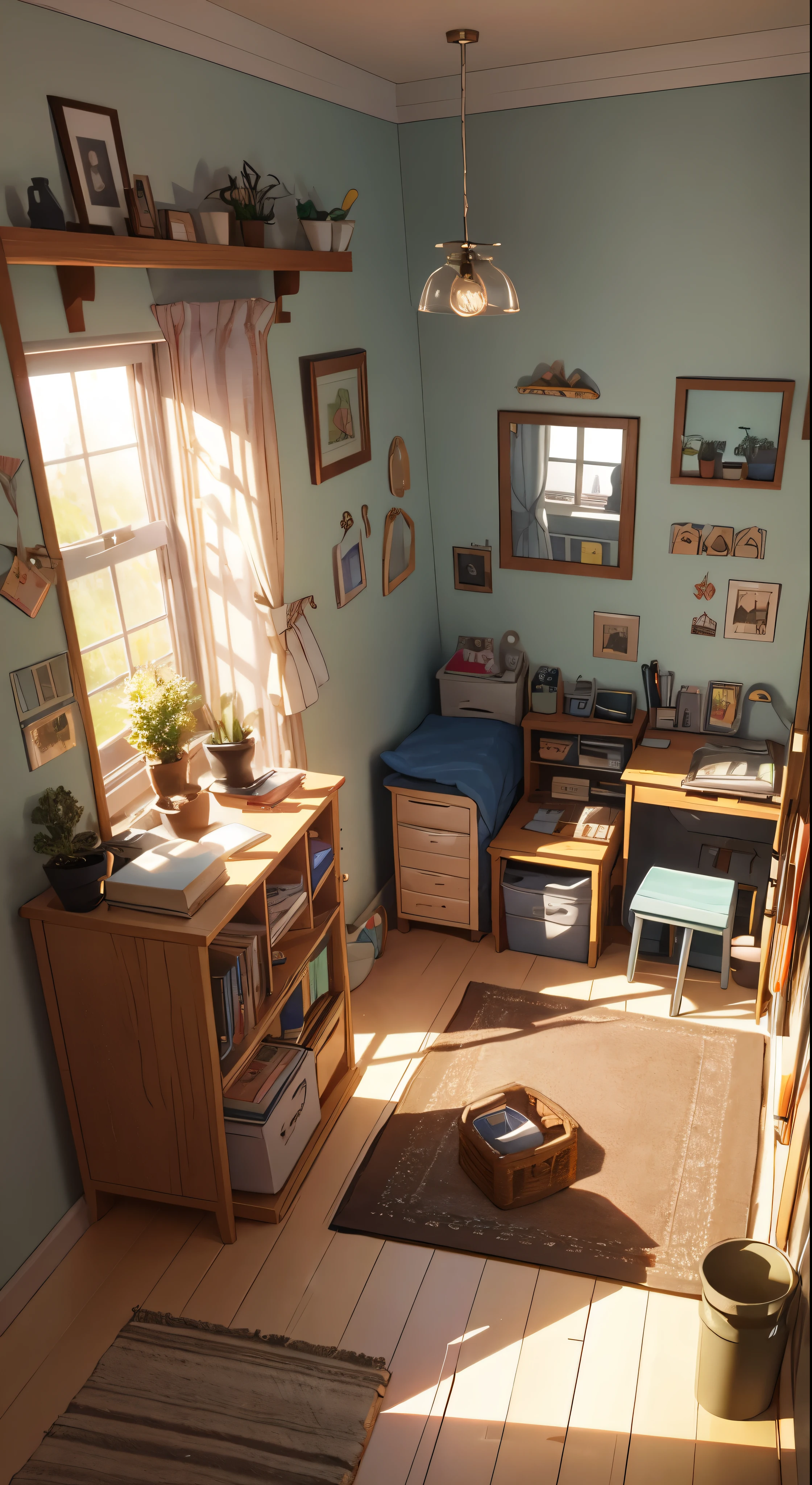（Pixar style),A model of a cozy small room, miniature figure model, light source from right to left, Rumbrandt lighting, light source from right to left, (isometric view), (top-down), realistic scale, post-processing, ((orthogonal perspective)), super detail, realistic, super realistic, realistic render, rainbow color, glitter