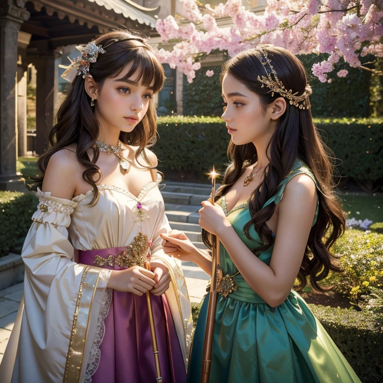(masterpiece, best quality:1.5), highest quality, High resolution, super detailed, Realists, Upper body photo of a brunette magical girl, detailed and beautiful eyes, beautiful detailed lips, very detailed eyes and face, longeyelashes, shiny satin dress, Holding a magic wand in your hand, Cast a light magic, Magic wands present and shiny, Beautiful and colorful makeup, elegant and noble々The jewelry bag, Gardens as background, soft daylight, bright colors, fine brushstrokes, Portrait style, Silk dress fabric, beautiful color palette, glowing skin, First-class rendering, that captures every detail, enchanting atmosphere, subtle shadows and lights, (perfect anatomy:1.2), (The two stunning 14 and 12 year old Magical Girls perform magic together (a transformation with the magic wand:1.4), (magnificent panorama view:1.2)