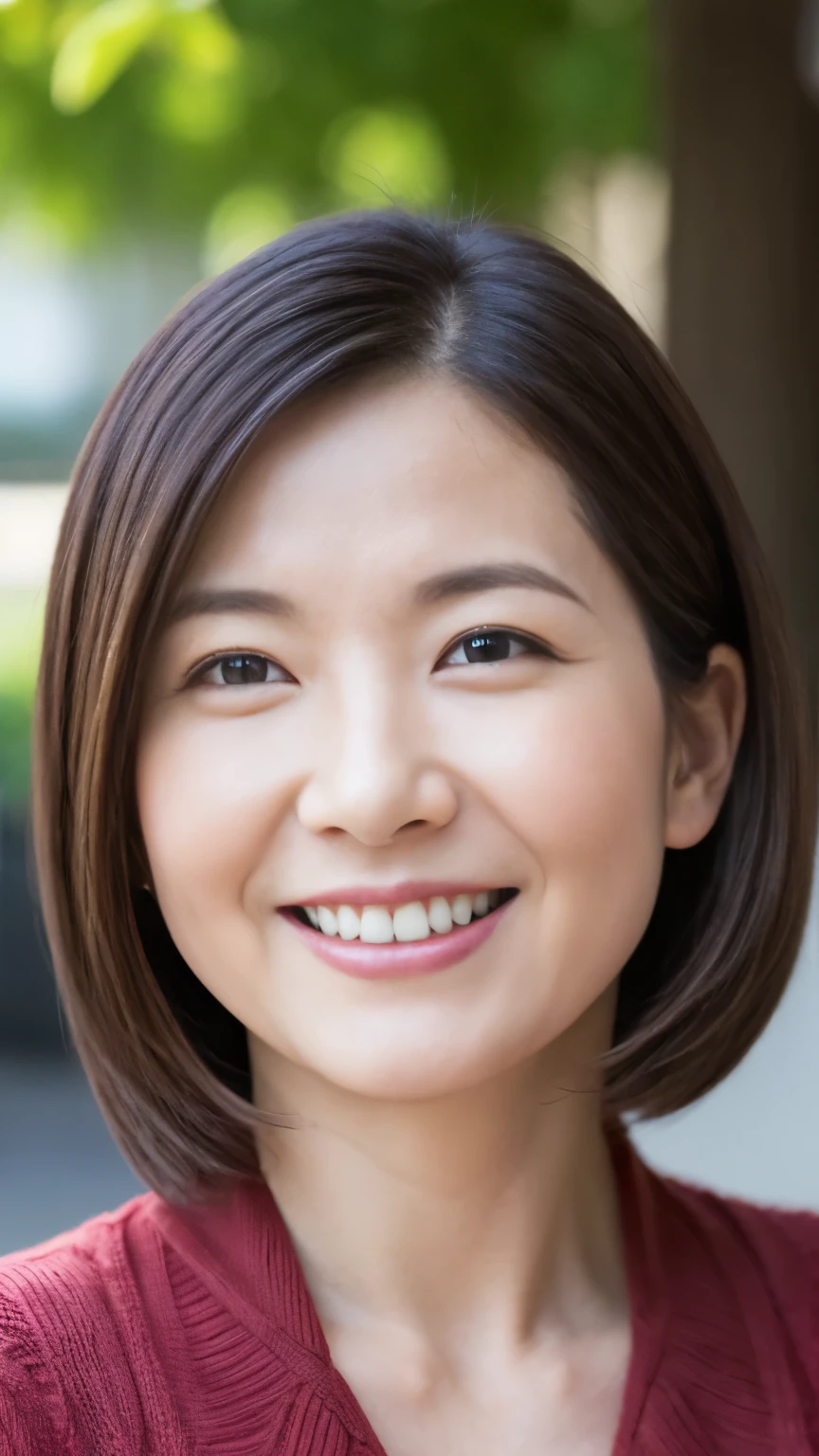 最high quality, In 8K, Masseter region, Real, Sharp focus, high quality, High resolution, Detailed face, Detailed eyes, Thick lips, (Look at the viewers), alone, Middle-aged women, , 60 years old, , Wavy Hair, , Wearing a plain short-sleeved knit, Afternoon in front of the park garden, Wrinkles around the eyes, Smiling with teeth showing