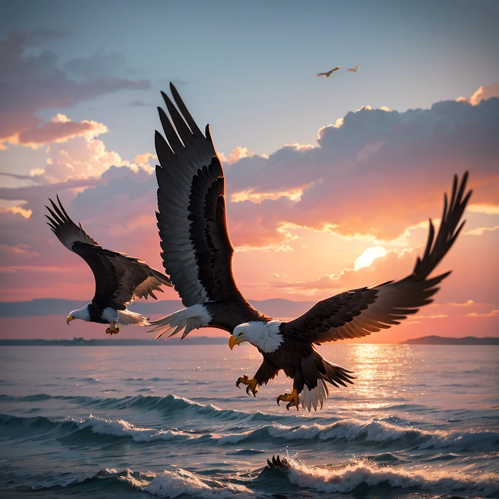 Generate the image of an injured eagle flying and in the background the sea and birds flying at dusk with a gloomy atmosphere, in reddish colors like a watercolor