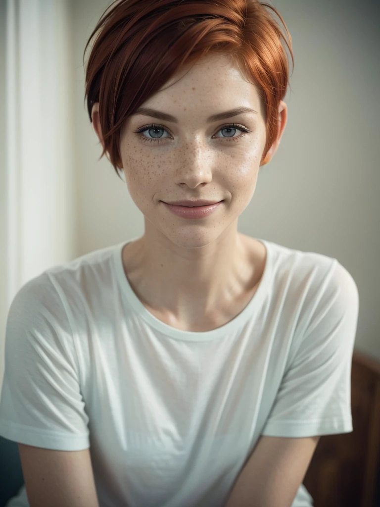 slim feminine figure, redhead, freckles, best quality, realistic skin texture, photography, detailed facial features, film grain texture and high contrast, extremely high-resolution details, photographic, photorealistic, hyper-realistic, HDR, masterpiece, ((short pixie hair)), head tilted, smiling, sitting in the bedroom, a t-shirt, closeup