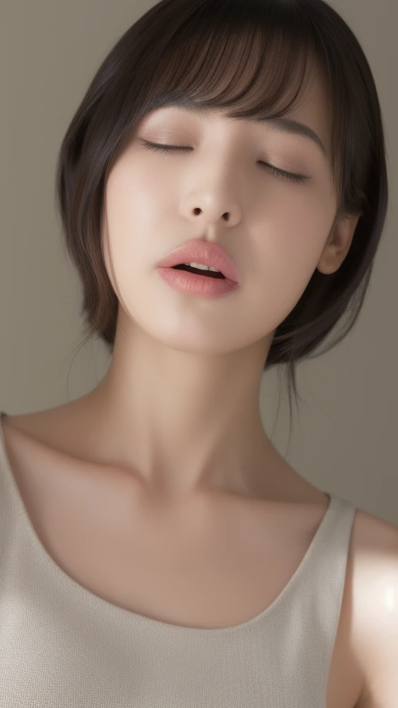 nsfw,1girl, solo, white midriff sleeveless  sweater, (photorealistic:1.4),official art, unity 8k wallpaper, ultra detailed, beautiful and aesthetic, masterpiece,best quality, glowing skin, elegant, a brutalist designed, vivid colours,blowing kiss,extreme closed up to face,closed eyes,pursed lips,thick lips,tongue out,from front,