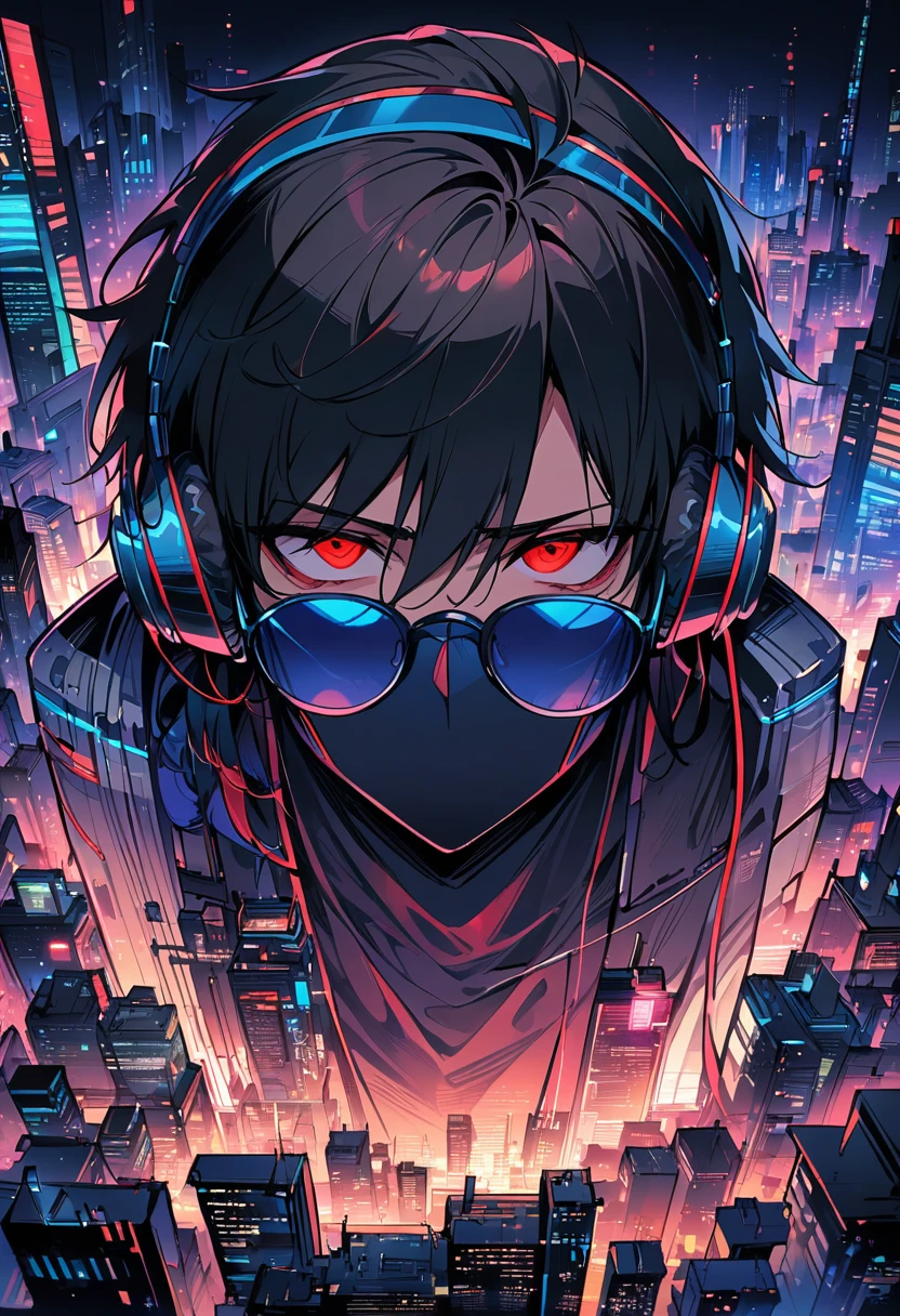 Adult, male, mature, shaggy black hair, short black hair, red eyes, hipster clothes, round tinted sunglasses, blue sunglasses, headphones, apathetic indifference, Masterpiece, Accurate, Best Quality, Detail, High Details, Quality, Super Detailed, High Quality, Anatomically Correct, tilted head, city, night, cyber city at night