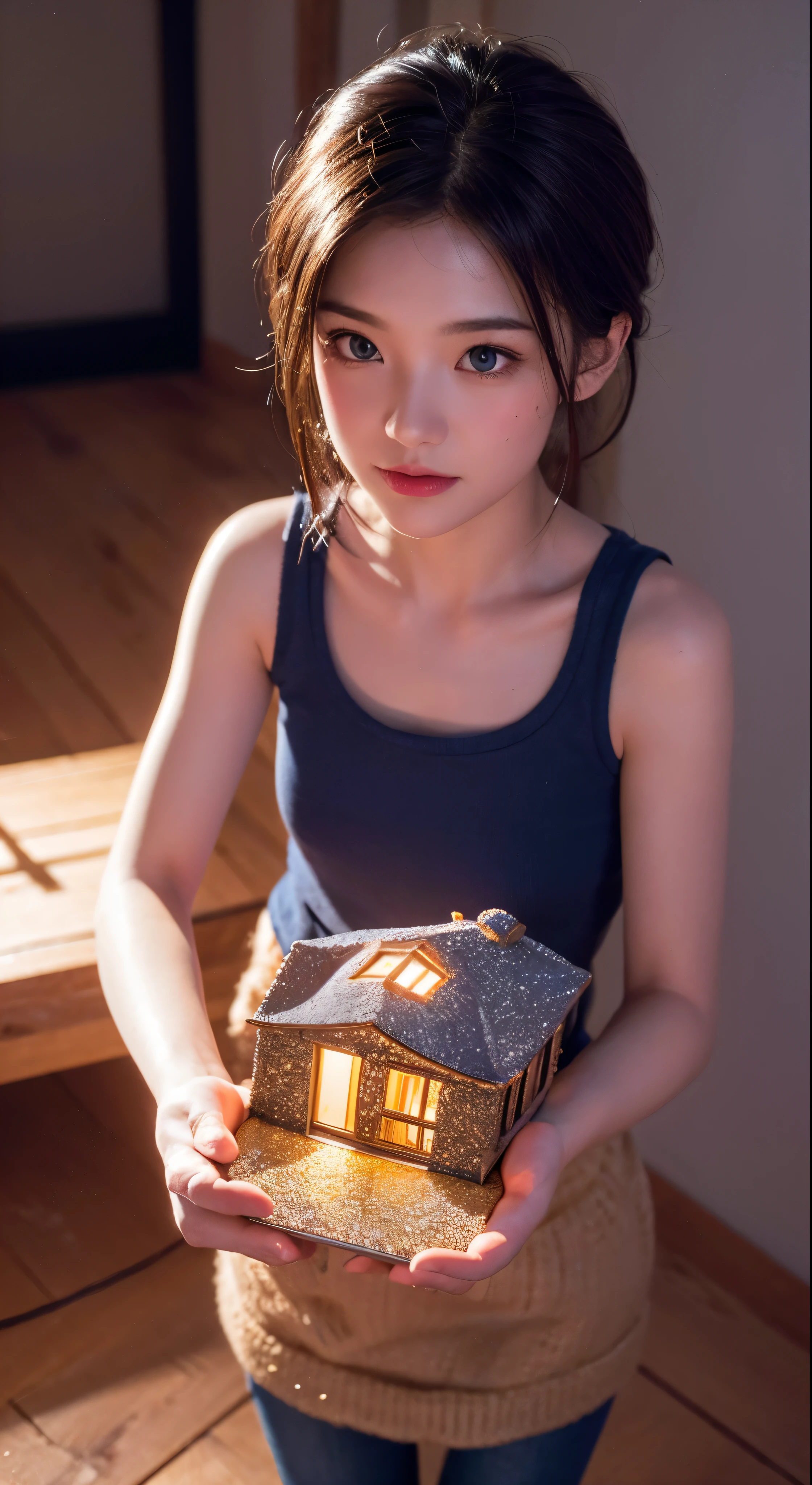 （Pixar style),A model of a cozy small room, miniature figure model, light source from right to left, Rumbrandt lighting, light source from right to left, (isometric view), (top-down), realistic scale, post-processing, ((orthogonal perspective)), super detail, realistic, super realistic, realistic render, rainbow color, glitter