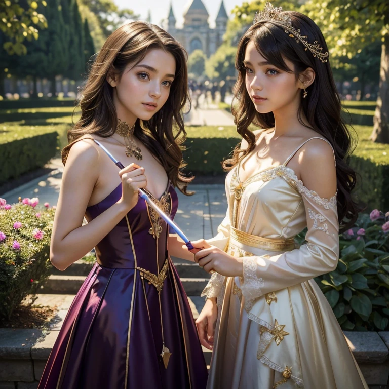 (masterpiece, best quality:1.5), highest quality, High resolution, super detailed, Realists, Upper body photo of a brunette 14-year-old magical girl, detailed and beautiful eyes, beautiful detailed lips, very detailed eyes and face, longeyelashes, shiny satin dress, Holding a magic wand in your hand, Cast a healing spell, Magic wands present and shiny, Beautiful and colorful makeup, elegant and noble々The jewelry bag, Gardens as background, soft daylight, bright colors, fine brushstrokes, Portrait style, Silk dress fabric, beautiful color palette, glowing skin, First-class rendering, that captures every detail, enchanting atmosphere, subtle shadows and lights, (perfect anatomy:1.2), (The two stunning 14 and 12 year old Magical Girls perform magic together (a transformation with the magic wand:1.4), (magnificent panorama view:1.2)