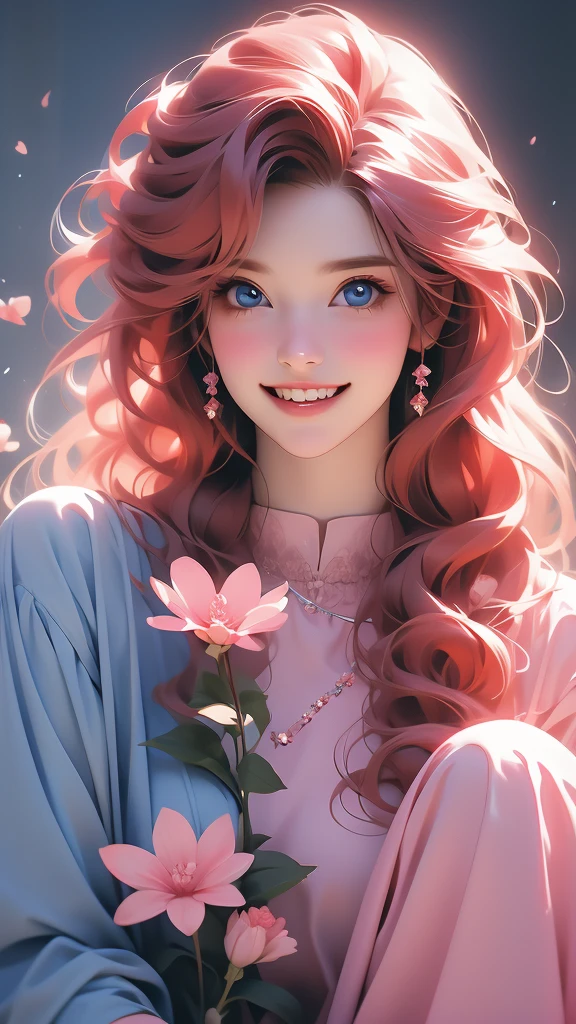 woman in a pink smock holding a flower in her teeth and to hold it, she's smiling, 1girl, solo, long hair, flower, realistic, red hair, looking at viewer, nail polish, blue eyes,