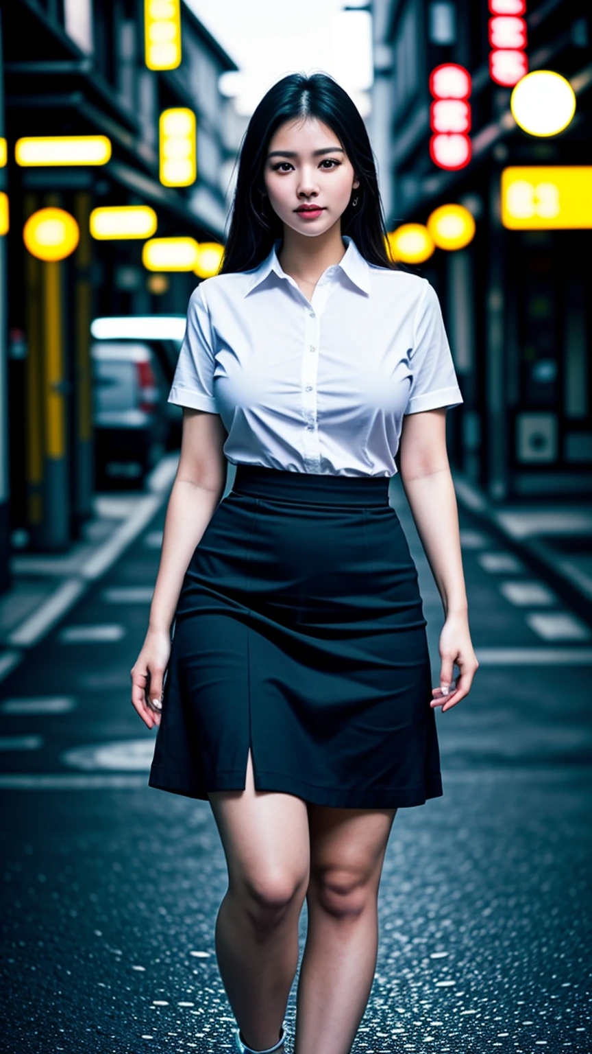 (Raw photo:1.2), (Photorealsitic:1.4), huge filesize, hight resolution, ighly detailed, top-quality, (​masterpiece:1.6),(Hyper-realistic: 1.4), ighly detailed, nffsw, finely detail, top-quality, 8k wallpaper,People with Japan,((Girl with clear white skin)),17 age、cowboy  shot、((Muscle Girl:1.3, Giant physique:1.3, thick neck:1.3, thick and strong arms:1.3, thick and powerful legs:1.3))、((large full breasts:1.4)),((Lori face:1.2))、Narrow eyes, cute  face, Narrow eyes,((A smile))、((Sauvage、One-length))、((((Short sleeve shirt with white collar、Black Pencil Skirt))))、((Stand at the end of a narrow alley in the middle of the night、A big city lined with neon-lit Western-style izakayas))、 (Realistic: 1.3), (Smooth lighting: 1.05), (Improved cinematic lighting: 0.9), Realistic lighting, Backlight, Face Light, raytrace, (Whitening light: 1.2), ( Top quality real skins: 1.4),  (Body Line Mood Increase:1.1),  (Skin Texture Enhancement Beauty:1.1),