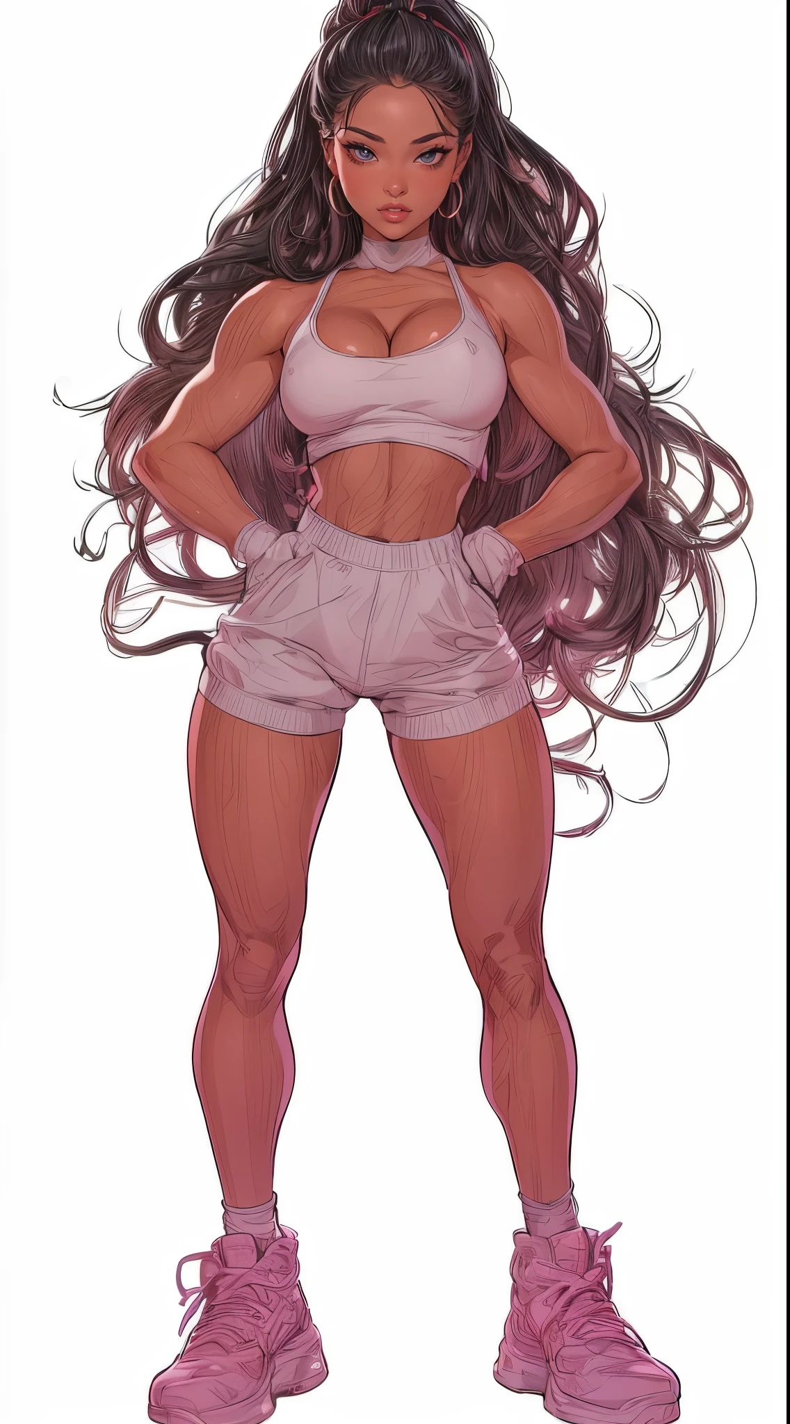 beautiful woman, (big breasts, cleavage:1.3), fighting character design with hiphop influence, anime illustration, photorealistic, fantasy, comic, manga, perfect body proportions with generous curves