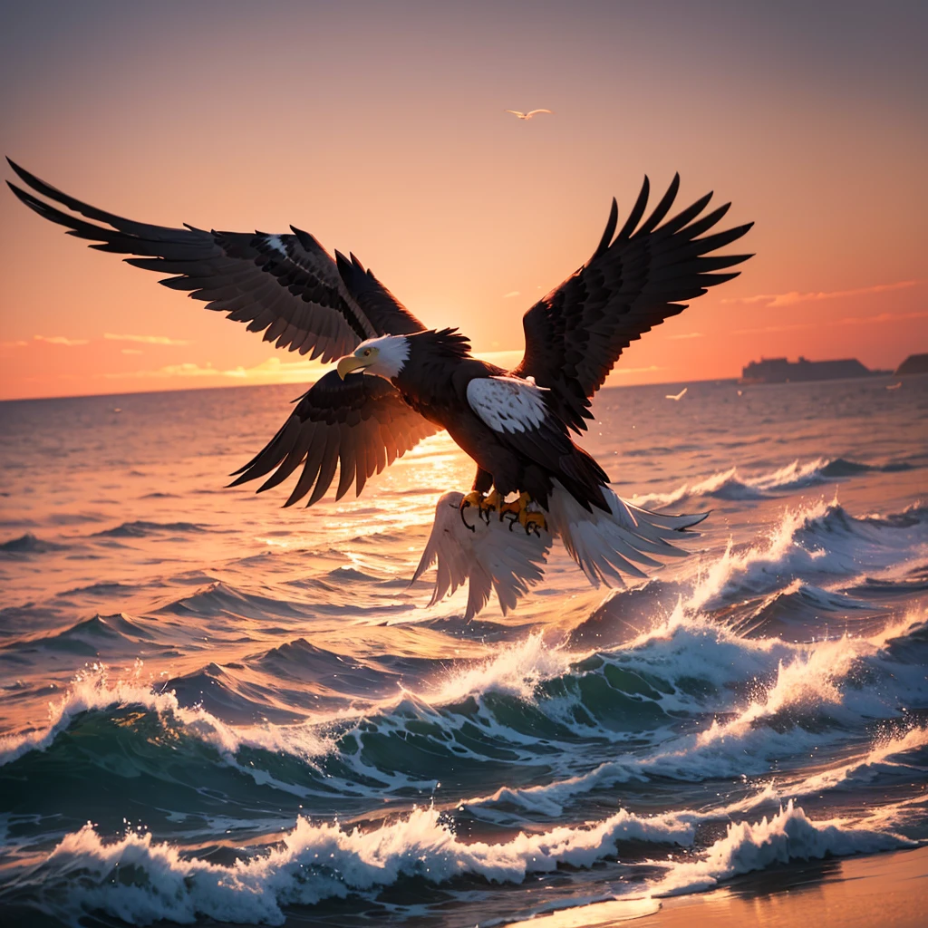 Generate the image of an injured eagle flying and in the background the sea and birds flying at dusk with a gloomy atmosphere, in reddish colors like a watercolor