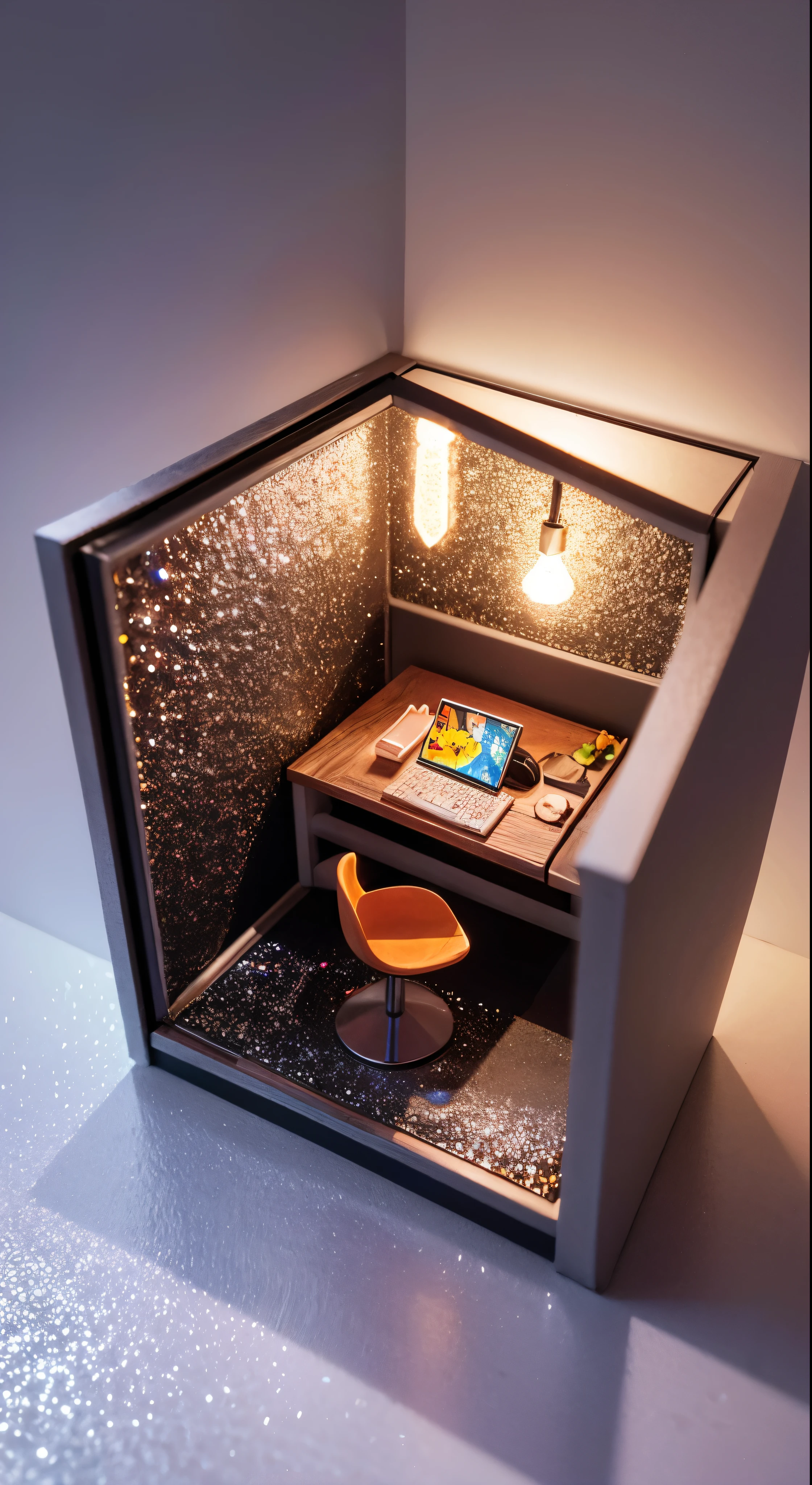 （Pixar style),A model of a cozy small room, miniature figure model, light source from right to left, Rumbrandt lighting, light source from right to left, (isometric view), (top-down), realistic scale, post-processing, ((orthogonal perspective)), super detail, realistic, super realistic, realistic render, rainbow color, glitter