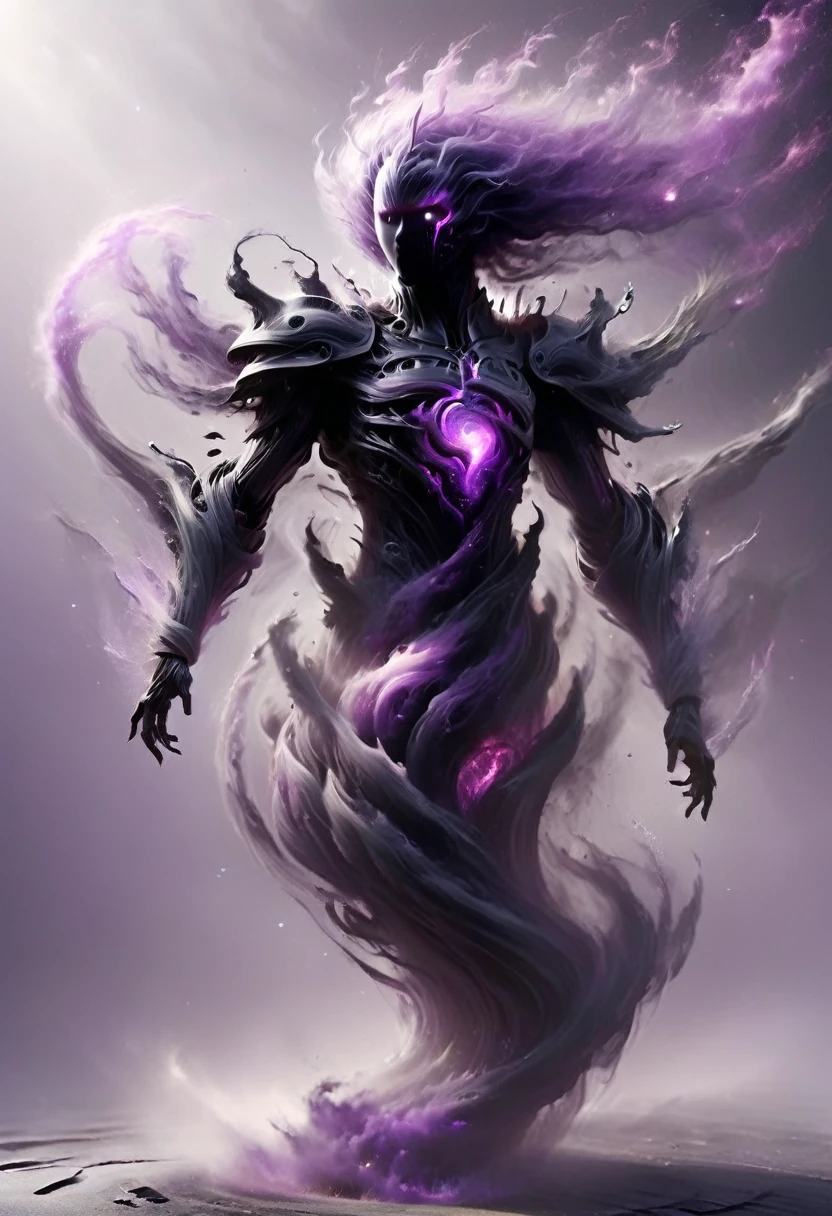 This creature appears as a body of translucent dark gray, black and purple energy with small motes of purple light winking in and out of existence along its spherical form. It has a head, neck, chest, but it's body ends in a tapered whispy smoke, no legs or feet evident. Whispy black smoke wearing bracers and black chest plate armor and shoulder plates