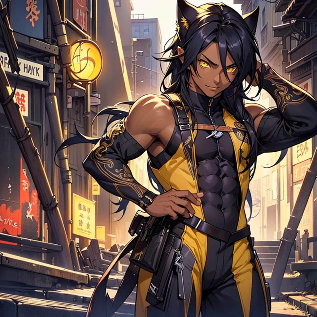 Yoruichishihouin, Yoruichi Shihouin, long hair, (yellow eyes:1.5), cabelo roxo, darkskin, dark skinned male,
break bodysuit, body preto, bare arms, bared shoulders,
break outdoors,
break looking at viewer, (cowboy shot:1.5),
break (work of art:1.2), best qualityer, high resolution, unity wallpaper 8k, (illustration:0.8), (beautiful detailed eyes:1.6), extreme detailed face, perfect lighting, extremely detailed CG, (perfect hands, Perfect Anatomia),