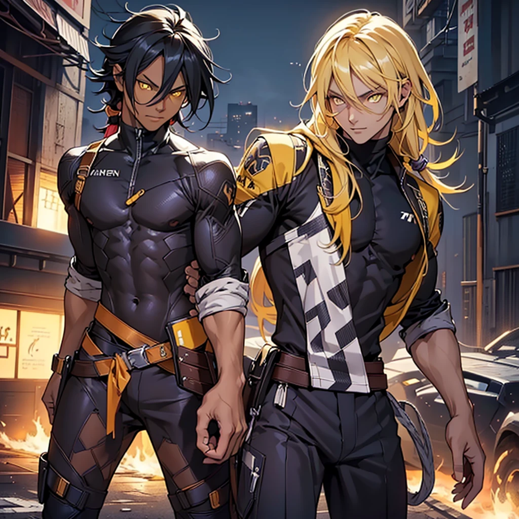 Yoruichishihouin, Yoruichi Shihouin, long hair, (yellow  eyes:1.5), cabelo roxo, darkskin, dark skinned male,
break bodysuit, body preto, bare arms, bared shoulders, 
break outdoors,
break looking at viewer, (cowboy shot:1.5),
break (work of art:1.2), best qualityer, high resolution, unity wallpaper 8k, (illustration:0.8), (beautiful detailed eyes:1.6), extreme detailed face, perfect lighting, extremely detailed CG, (perfect hands, Perfect Anatomia),