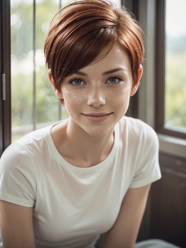 slim feminine figure, redhead, freckles, best quality, realistic skin texture, photography, detailed facial features, film grain texture and high contrast, extremely high-resolution details, photographic, photorealistic, hyper-realistic, HDR, masterpiece, ((short pixie hair)), (((head tilted))), smiling happily, sitting in the bedroom, a t-shirt, upper body closeup, small to medium sized breasts