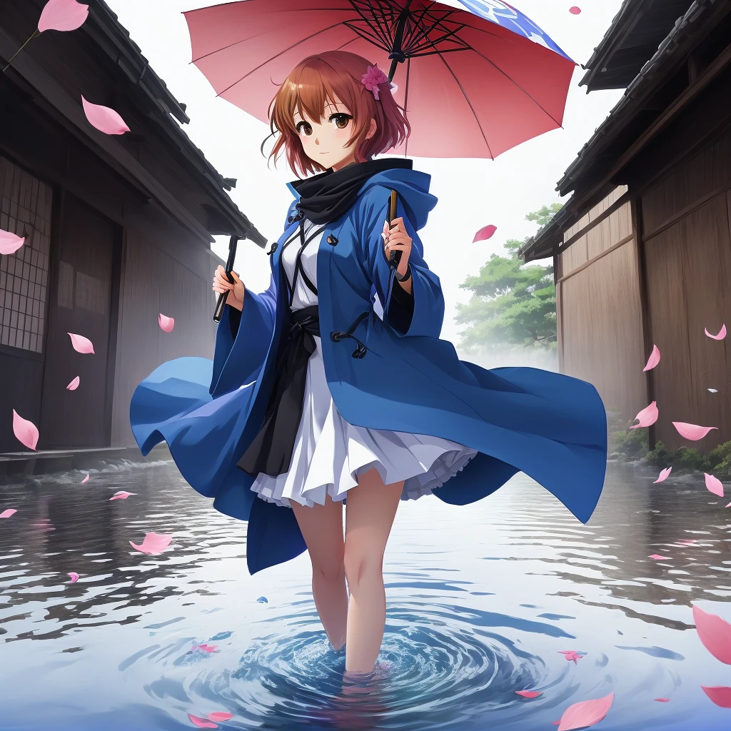 anime girl in blue coat and white skirt holding umbrella in water, okita sougo, in style of kyoto animation, touhou character, aya takano color style, sakura petals around her, render of april, sayori, sakura kinomoto, (anime girl), anime girl walking on water, from touhou, inspired by Yuki Ogura