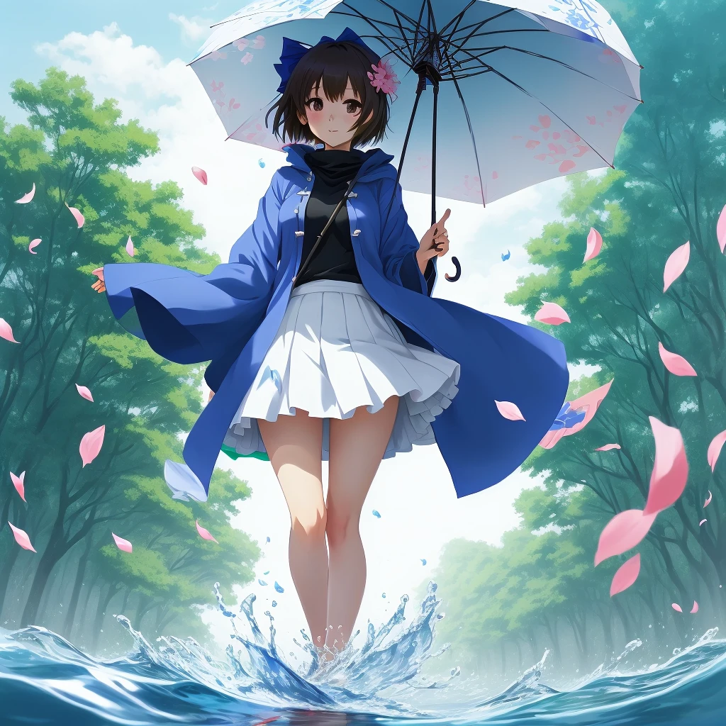 anime girl in blue coat and white skirt holding umbrella in water, okita sougo, in style of kyoto animation, touhou character, aya takano color style, sakura petals around her, render of april, sayori, sakura kinomoto, (anime girl), anime girl walking on water, from touhou, inspired by Yuki Ogura
