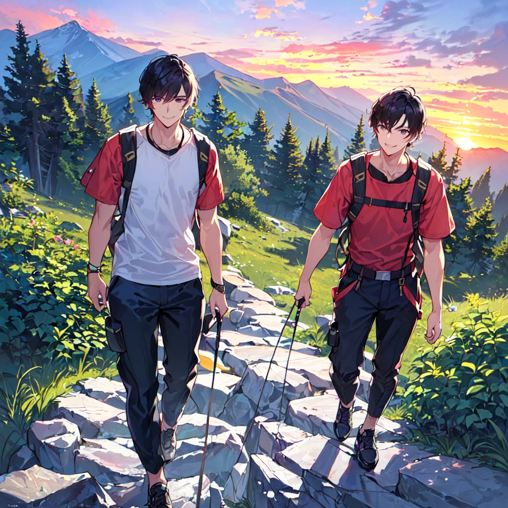 masterpiece,best quality,high quality,(1 male austere handsome solo adult age 30:1.5), purple eyes, cool with suspended eyes, V-shaped eyebrows, body strong and fearless 8.5 head tall, height 185cm,(well-groomed black short hair down to neck:1.4),(bangs in three (hair parted in three parts: 1.4), slender nose, facial muscles, throat, (summer mountaineering outfit and pants: 1.3), (walking), (stylish pose), (cool smile: 1.3), (background summer mountain forest: 1.3) , (sunset: 1.3)