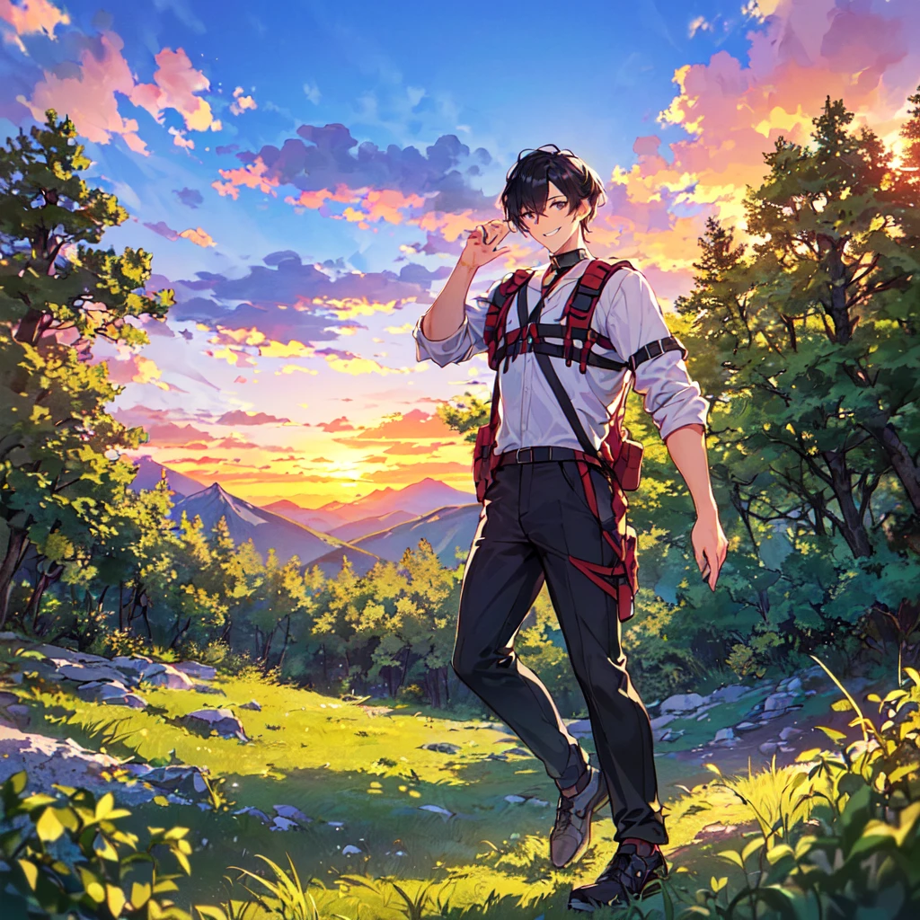 masterpiece,best quality,high quality,(1 male austere handsome solo adult age 30:1.5), purple eyes, cool with suspended eyes, V-shaped eyebrows, body strong and fearless 8.5 head tall, height 185cm,(well-groomed black short hair down to neck:1.4),(bangs in three (hair parted in three parts: 1.4), slender nose, facial muscles, throat, (summer mountaineering outfit and pants: 1.3), (walking), (stylish pose), (cool smile: 1.3), (background summer mountain forest: 1.3) , (sunset: 1.3)