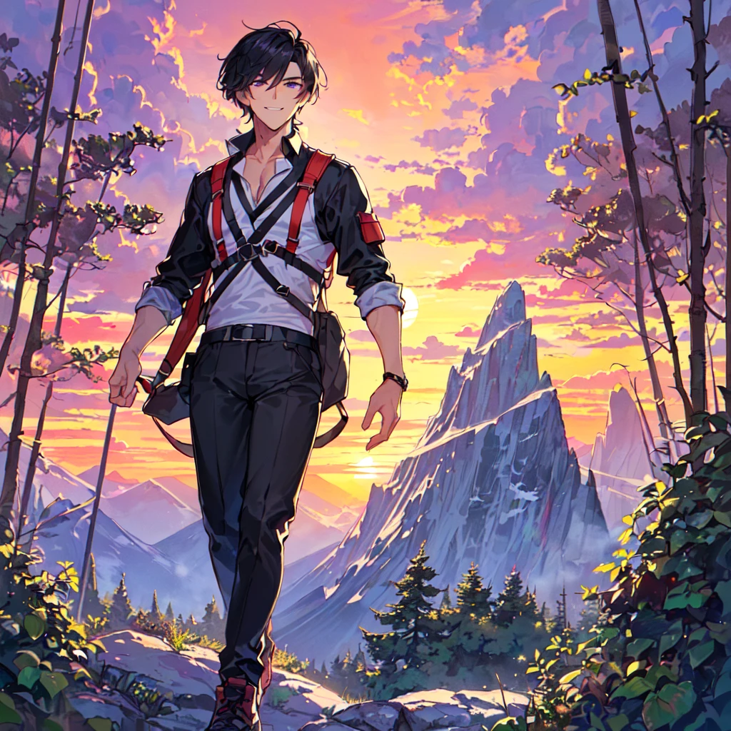 masterpiece,best quality,high quality,(1 male austere handsome solo adult 0:1.5), purple eyes, cool with suspended eyes, V-shaped eyebrows, body strong and fearless 8.5 head tall, height 185cm,(well-groomed black short hair down to neck:1.4),(bangs in three (hair parted in three parts: 1.4), slender nose, facial muscles, throat, (summer mountaineering outfit and pants: 1.3), (walking), (stylish pose), (cool smile: 1.3), (background summer mountain forest: 1.3) , (sunset: 1.3)