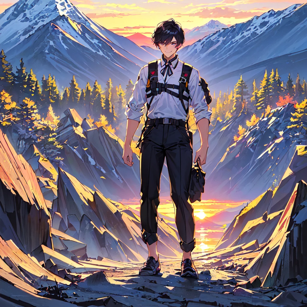 masterpiece,best quality,high quality,(1 male austere handsome solo adult age 30:1.5), purple eyes, cool with suspended eyes, V-shaped eyebrows, body strong and fearless 8.5 head tall, height 185cm,(well-groomed black short hair down to neck:1.4),(bangs in three (hair parted in three parts: 1.4), slender nose, facial muscles, throat, (summer mountaineering outfit and pants: 1.3), (walking), (stylish pose), (cool smile: 1.3), (background summer mountain forest: 1.3) , (sunset: 1.3)