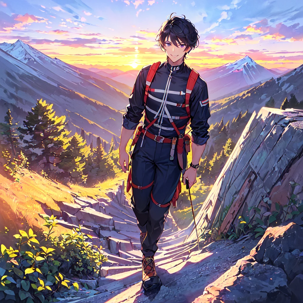 masterpiece,best quality,high quality,(1 male austere handsome solo adult age 30:1.5), purple eyes, cool with suspended eyes, V-shaped eyebrows, body strong and fearless 8.5 head tall, height 185cm,(well-groomed black short hair down to neck:1.4),(bangs in three (hair parted in three parts: 1.4), slender nose, facial muscles, throat, (summer mountaineering outfit and pants: 1.3), (walking), (stylish pose), (cool smile: 1.3), (background summer mountain forest: 1.3) , (sunset: 1.3)