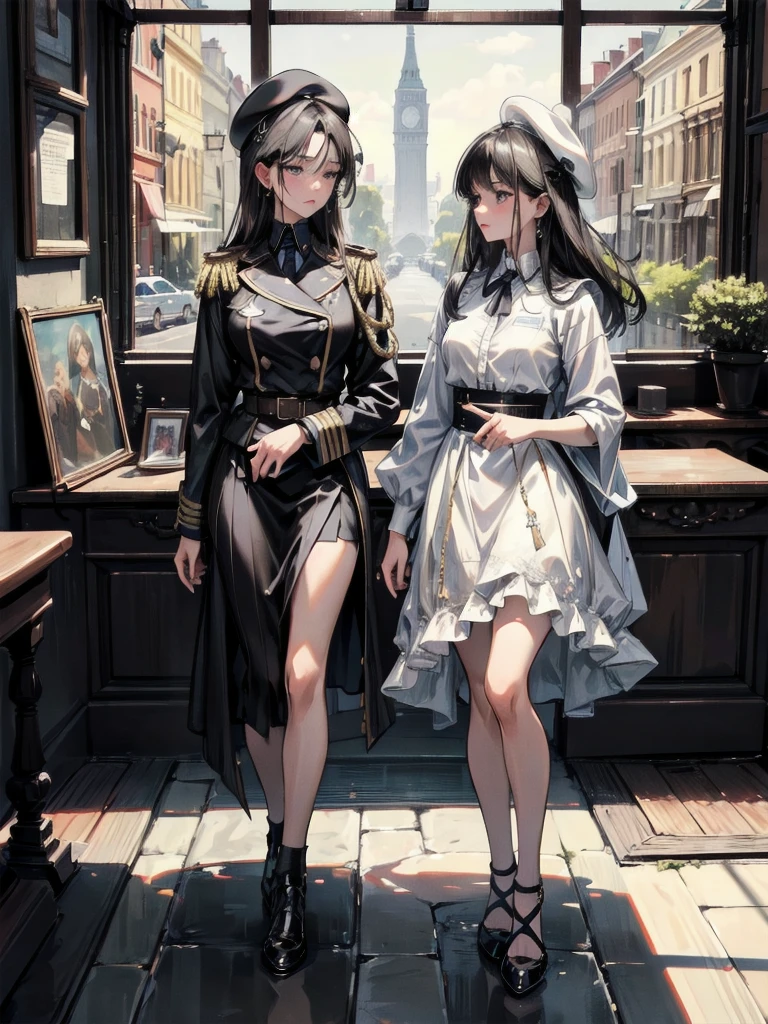 absurdres, RAW photo, extremely delicate and beautiful, masterpiece, Best Quality, ultra high resolution, 32k, hyperrealistic, ultra-detailed, delicate facial features, beautiful detailed woman, tearful mole, earring, medium breasts, full body shot, medium hair, black hair, 2 girls, yuri, beret, skirt, military uniform,
