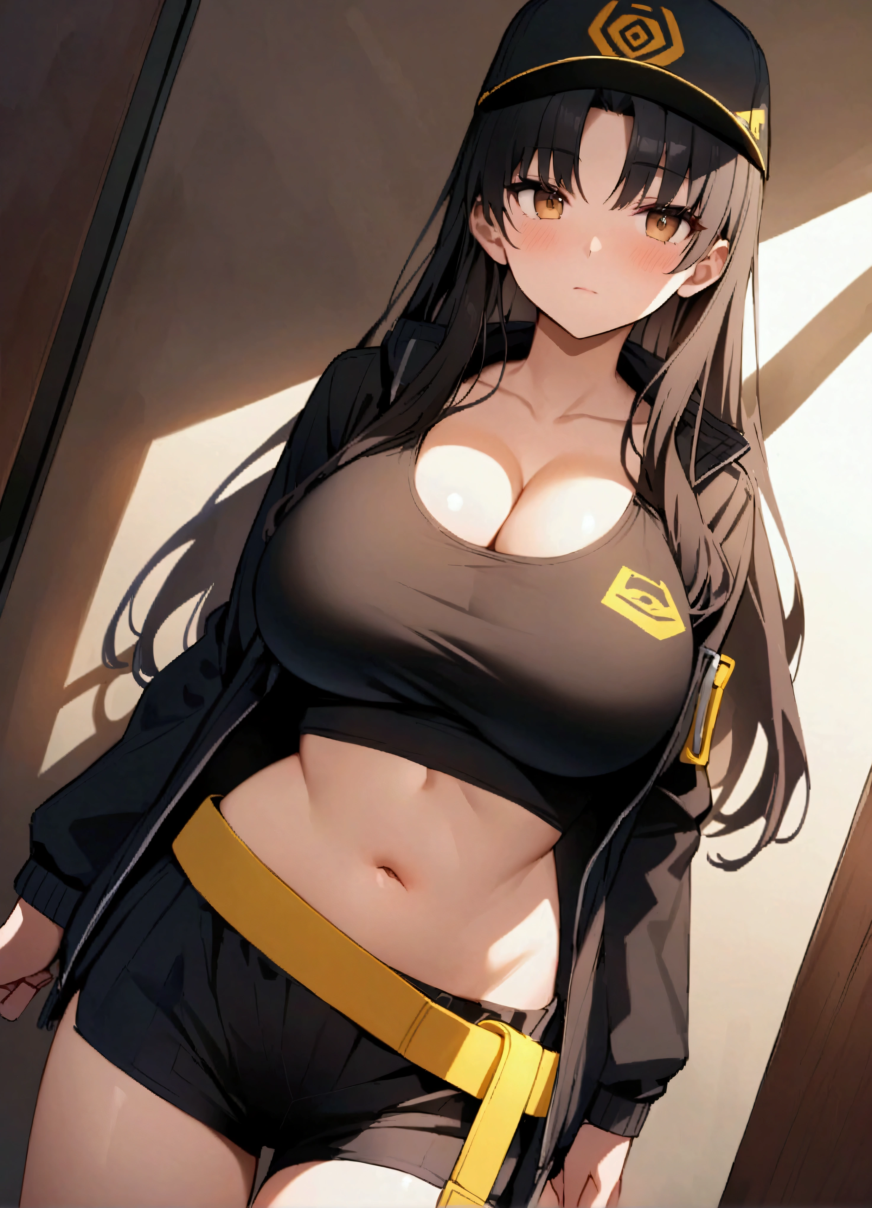 score_9、score_8_up、score_7_up、source_アニメ、Tohsaka Rin、Long Hair、Brown eyes、Black Hair、Black shorts、Yellow belt、yellow knee socks、Cleavage、belly button、abdomen、Black crop top(Black)、Black jacket(Black)、Open jacket(Black crop topの上)、indoor、Bedroom、See who's watching、Cowboy Shot、Dutch Angle、solo、masterpiece、Best Quality、Best lighting、Best Shadow、Very delicate and beautiful、Attention to detail、Depth of written boundary、flower、shine、Classic、High resolution、Perfect lighting、colorful、Big Breasts、Long Hair、Black Hair、whole body、(Perfect Eyes)、(Facial details:1.4)、Curious look、Black baseball cap(Yellow tornado logo)Wear、四角いレンズのメガネWear、Wearing black and yellow sports shoes