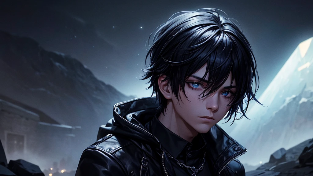 an emo goth boy looking at a starry night sky, highly detailed face and eyes with glow, moody atmosphere, dark colors, dramatic lighting, cinematic composition, digital art, concept art, hyper realistic, photorealistic, 8k, best quality, masterpiece