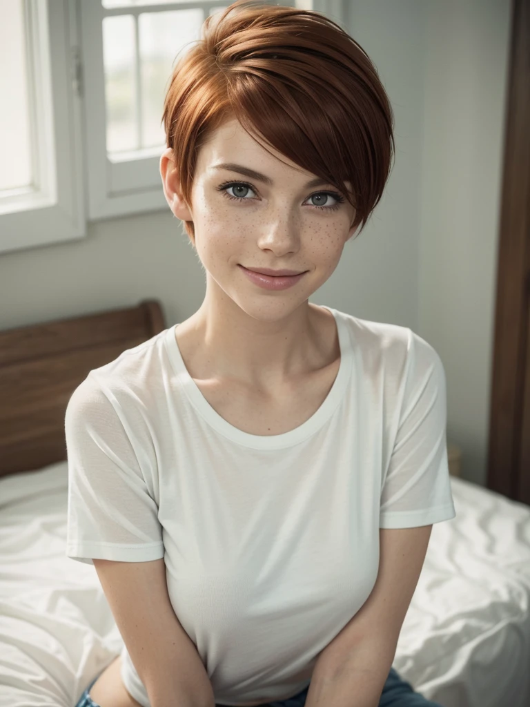 slim feminine figure, redhead, freckles, best quality, realistic skin texture, photography, detailed facial features, film grain texture and high contrast, extremely high-resolution details, photographic, photorealistic, hyper-realistic, HDR, masterpiece, ((short pixie hair)), (((head tilted to the side))), smiling happily, sitting in the bedroom, a t-shirt, upper body closeup, small to medium sized breasts, ((super cute pose))