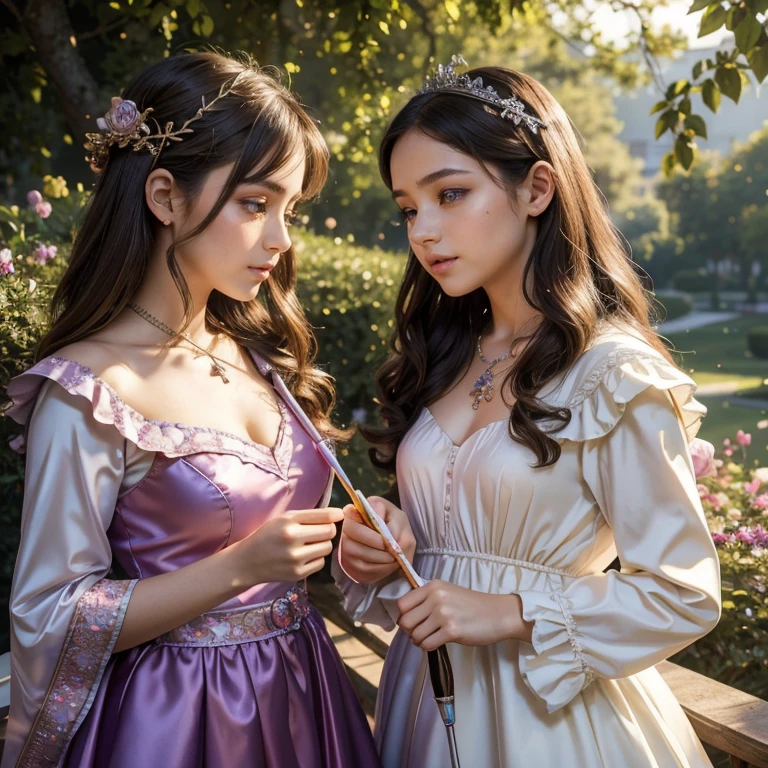 (​masterpiece, best quality:1.5), highest quality, High resolution, super detailed, Realists, Upper body photo of a brunette 14-year-old magical girl, detailed and beautiful eyes, beautiful detailed lips, very detailed eyes and face, longeyelashes, shiny satin dress, Holding a magic wand in your hand, Cast a Light Deaf, Magic wands present and shiny, Beautiful and colorful makeup, elegant and noble々The jewelry bag, Gardens as background, soft daylight, bright colors, fine brushstrokes, Portrait style, Silk dress fabric, beautiful color palette, glowing skin, First-class rendering, that captures every detail, enchanting atmosphere, subtle shadows and lights, (perfect anatomy:1.2), (The two stunning 14 and 12 year old Magical Girls perform magic together (a transformation with the magic wand:1.4), (magnificent panorama view:1.2)