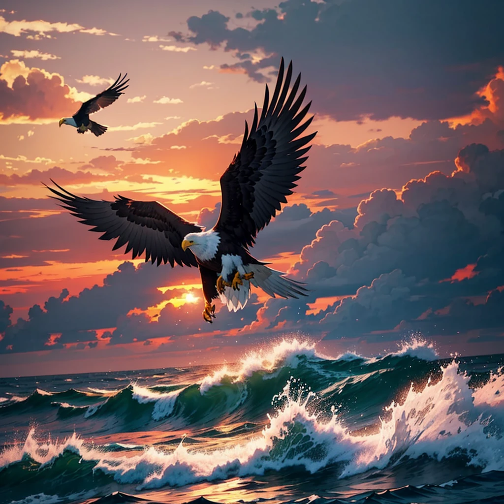 Generate the image of an injured eagle flying and in the background the sea and birds flying at dusk with a gloomy atmosphere, in reddish colors like a watercolor