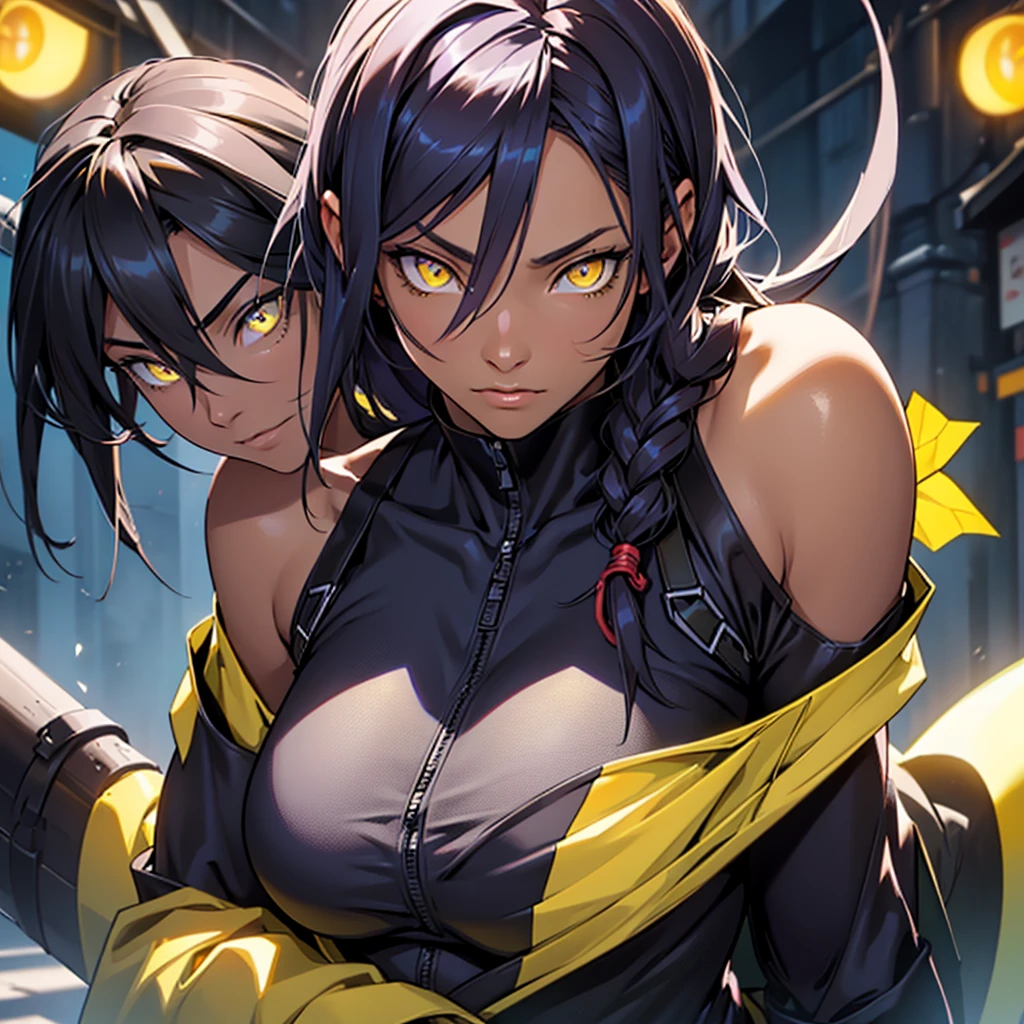 Yoruichishihouin, Yoruichi Shihouin, long hair, (yellow eyes:1.5), cabelo roxo, darkskin, dark skinned male, break bodysuit, body preto, bare arms, bared shoulders, break outdoors,
break looking at viewer, break (work of art:1.2), best qualityer, high resolution, unity wallpaper 8k, (illustration:0.8), (beautiful detailed eyes:1.6), extreme detailed face, perfect lighting, extremely detailed CG, (perfect hands, Perfect Anatomia),