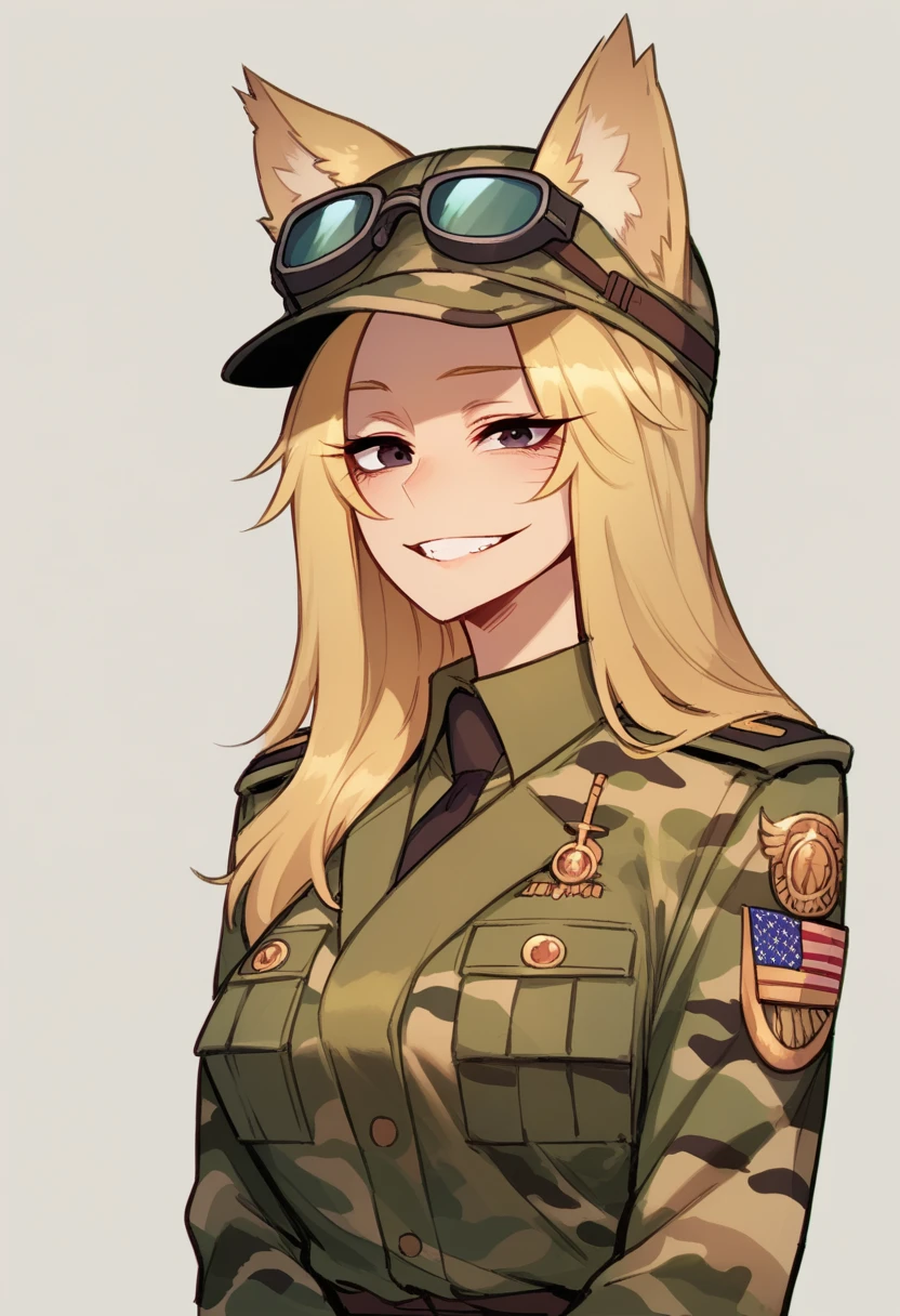 1girl, matured female, bow, best quality, detailed face, golden blonde hair, shoulder length hair, black eyes, long lashes. Military clothes, fluffy wolf tail, wolf ears on head, smiling, wolf girl, wagging tail, arms crossed over chest, happy, army girl, green camouflage pattern outfit, modest, cute.