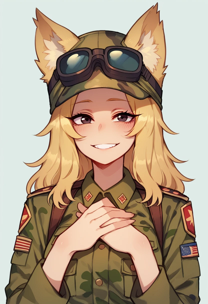 1girl, matured female, bow, best quality, detailed face, golden blonde hair, shoulder length hair, black eyes, long lashes. Military clothes, fluffy wolf tail, wolf ears on head, smiling, wolf girl, wagging tail, arms crossed over chest, happy, army girl, green camouflage pattern outfit, modest, cute.