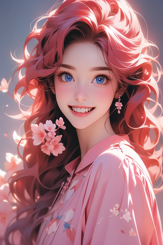 woman in a pink smock holding a flower in her teeth and to hold it, she's smiling, 1girl, solo, long hair, flower, realistic, red hair, looking at viewer, nail polish, blue eyes,
