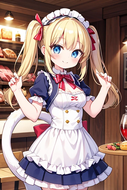 A happy smile,Eat a multi-layered steak,big steak,Meat cubes,tail,Highest quality,Blonde with blue eyes、****ta、Small breasts、Twin tails、girl&#39;enjoy,smile,bonnet,chopsticks,Japanese hashi,